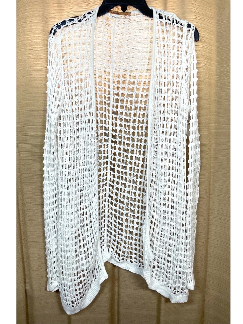 Belldini Women’s Size Large White Open-Weave Crochet Draped Cardigan Sweater